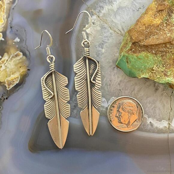 Chris Charley Native American Sterling Silver Feather Dangle Earrings For Women - Picture 8 of 10